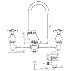 Robinet lavabo melangeur trois trous Antica bec haut orientable